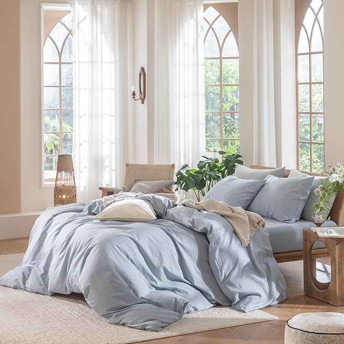 MooMee Bedding Duvet Cover Set 100% Washed Cotton Linen Like Textured Breathable Durable Soft Comfy (Heathered Cornflower Blue, Oversized Queen 98"x98")