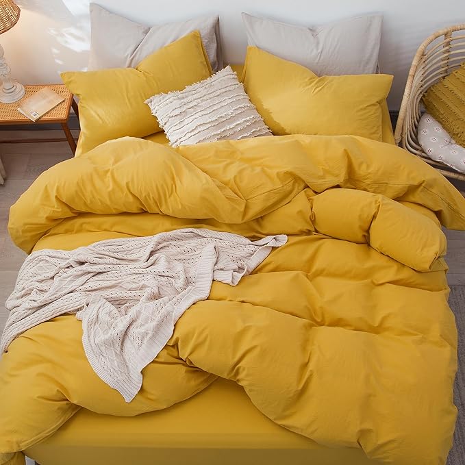 MooMee Bedding Duvet Cover Set 100% Washed Cotton Linen Like Textured Breathable Durable Soft Comfy (Solid Yellow, Full 80"x90")