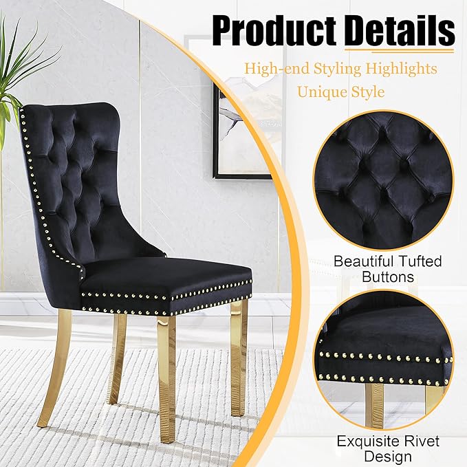 7 Piece Glass Dining Table Set, 78" Large Rectangle Tempered Glass Kitchen Table with 6 Black Velvet Upholstered Chairs, Dining Chairs Set of 6 for Kitchen, Living Room (Black, Gold)