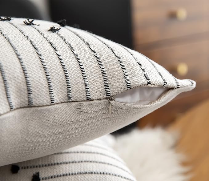 Caflife Boho Throw Pillow Covers 24x24 Set of 2 Decorative Pillows for Bed, Neutral Pillow Covers Beige with Black Line Throw Pillows for Modern Farmhouse Couch Sofa Living Room Outdoor