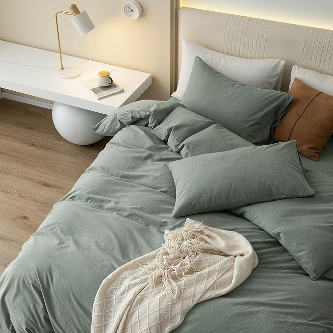 JIYUAN 100% Washed Cotton Duvet Cover Set 3 Pieces King, 1 Duvet Cover 104x90 Inches(Comforter Not Included) and 2 Pillowcases,Linen Feel Bedding Set Comfy and Breathable, Heathered Green