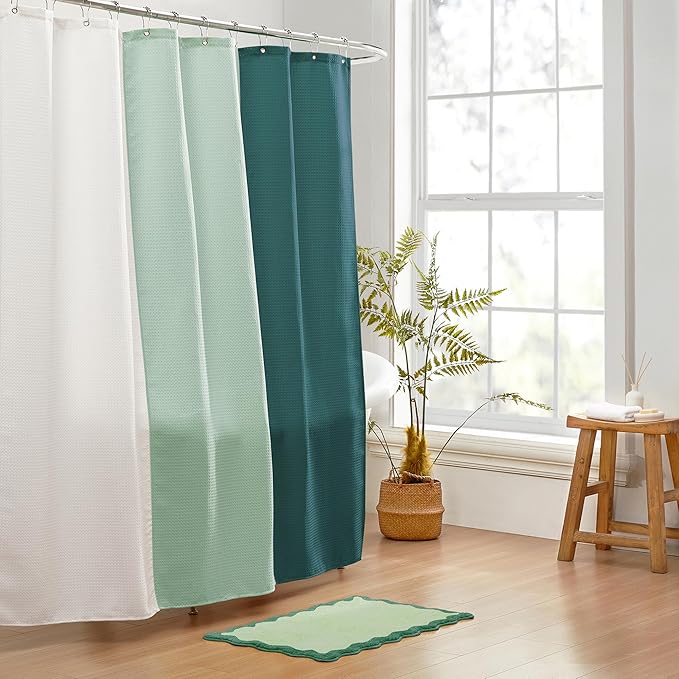 MONDAY MOOSE Bath Mat with Scalloped Wavy Ripple Design, Microfiber Absorbent Non Slip Tufted Rug for Floor, Shower or Kitchen (20x32 inch, Teal Green)
