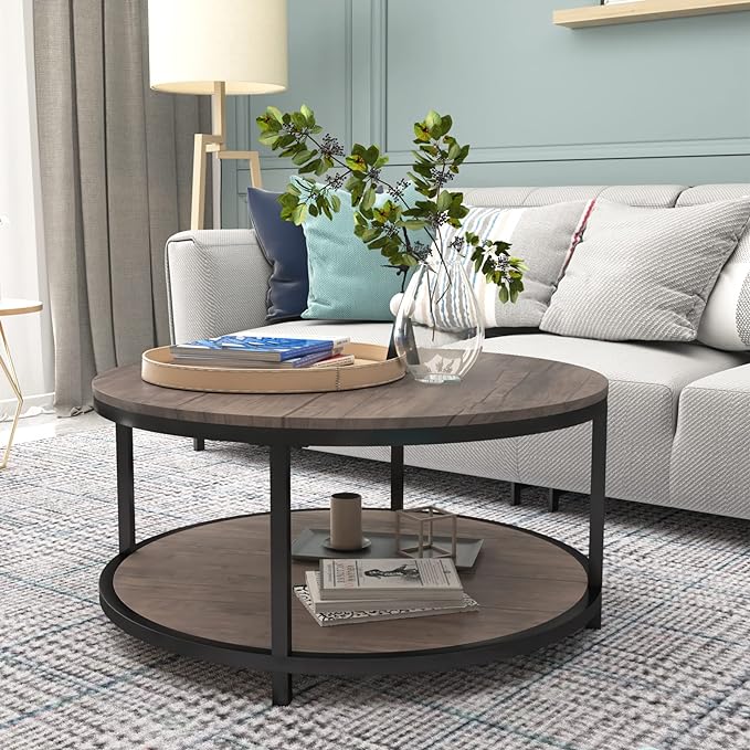 NSdirect Round Coffee Table,36" Coffee Table for Living Room,2-Tier Rustic Wood Desktop with Storage Shelf Modern Design Home Furniture(Light Walnut)