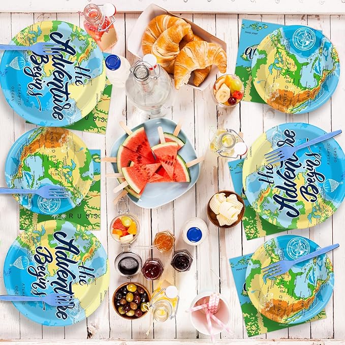 Wiooffen Adventure Awaits 96 Pcs Travel Map Party Supplies - 24 Guests - Blue, Word Map Plates, Napkins, Forks - Birthday Party Decoration