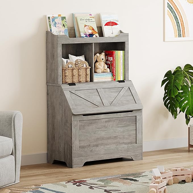 Spacious 3-tier Wooden Kids Bookcase and Toy Storage Organizer with Flip-Top Lid, Versatile Design for Playroom, Bedroom, Nursery, and Kindergarten - Child-Friendly Toy Chest Organizer