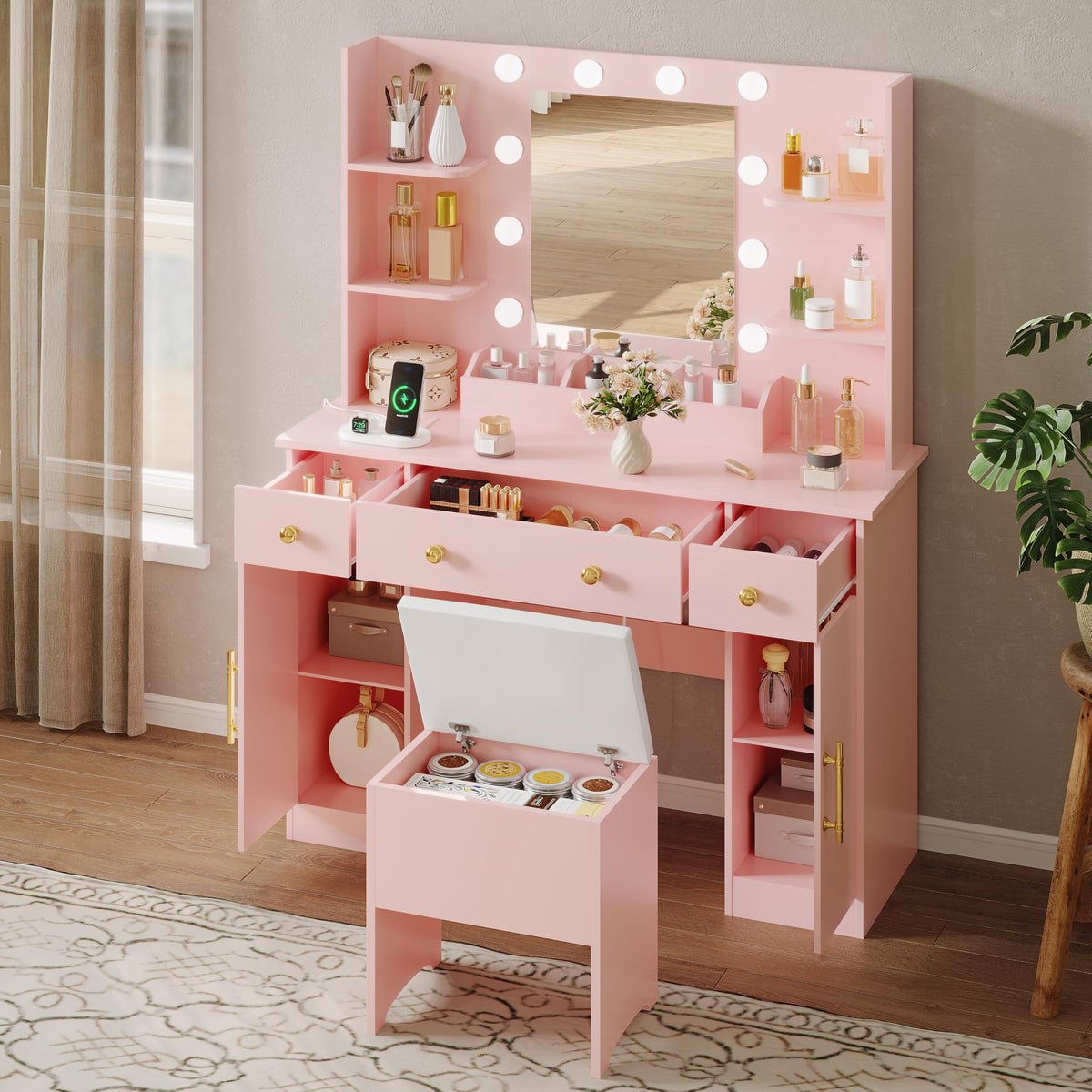 HUANLEGO Vanity Desk with Mirror and Lights,Pink Makeup Vanity with Charging Station & Vanity Stool, 3 Drawers and Cabinets White Vanity Mirror with RGB LED Lights Vanity Desk and Chair for Women