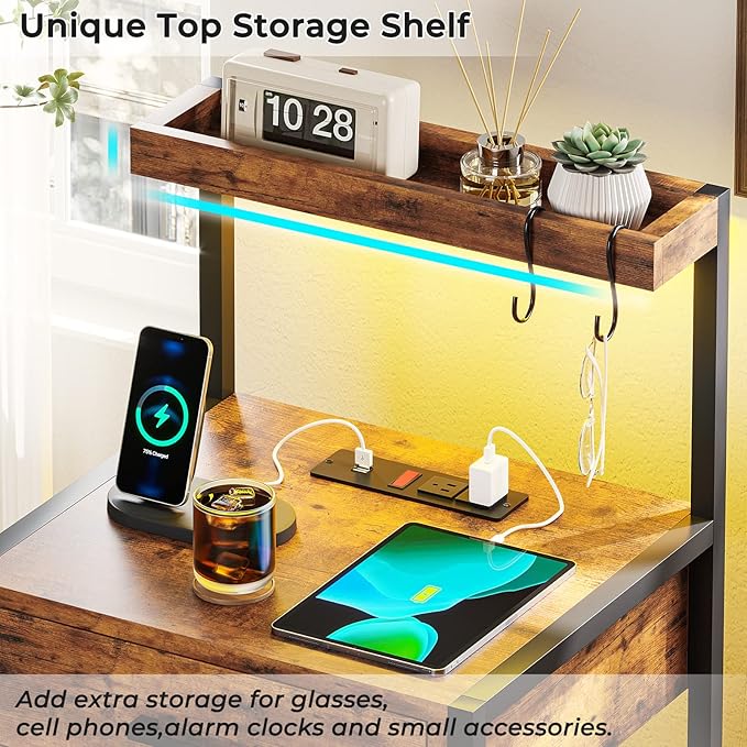 Nightstand with Charging Station and LED Lights, LED Night Stand with 2 USB Ports and 2 AC Outlets, Modern End Table with 3 Drawers, Bedside Table with Open Storage for Bedroom, Rustic Brown