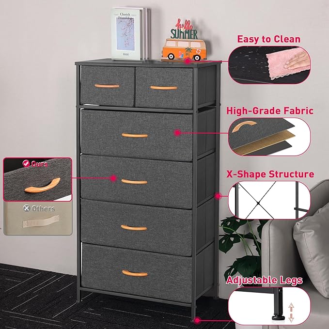 Tall Dresser for Bedroom, Vertical Storage Organizer Tower with 6 Drawers, Chest of Drawers with Fabric Bins, Steel Frame, Wood Top for Bedroom, Closet, Entryway- Grey