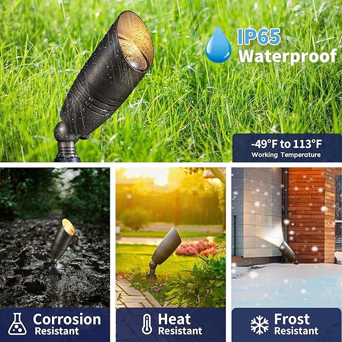 Brass Landscape Lighting - Low Voltage Spotlights Outdoor LED, 12V Wired Uplights, Waterproof Spot Lights, Antique Bronze for Outside Trees with 5W 2700K Warm White MR16 Bulb (4 Pack)