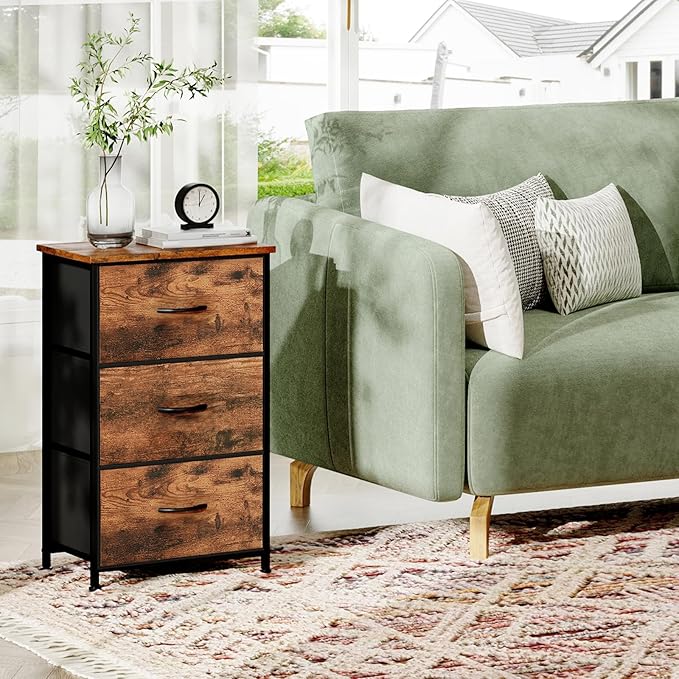 Somdot Small Dresser for Bedroom with 3 Drawers, Nightstand Storage Chest of Drawers with Removable Fabric Bins for Closet Bedside Living Room Laundry Entryway Hallway, Wood Grain Print