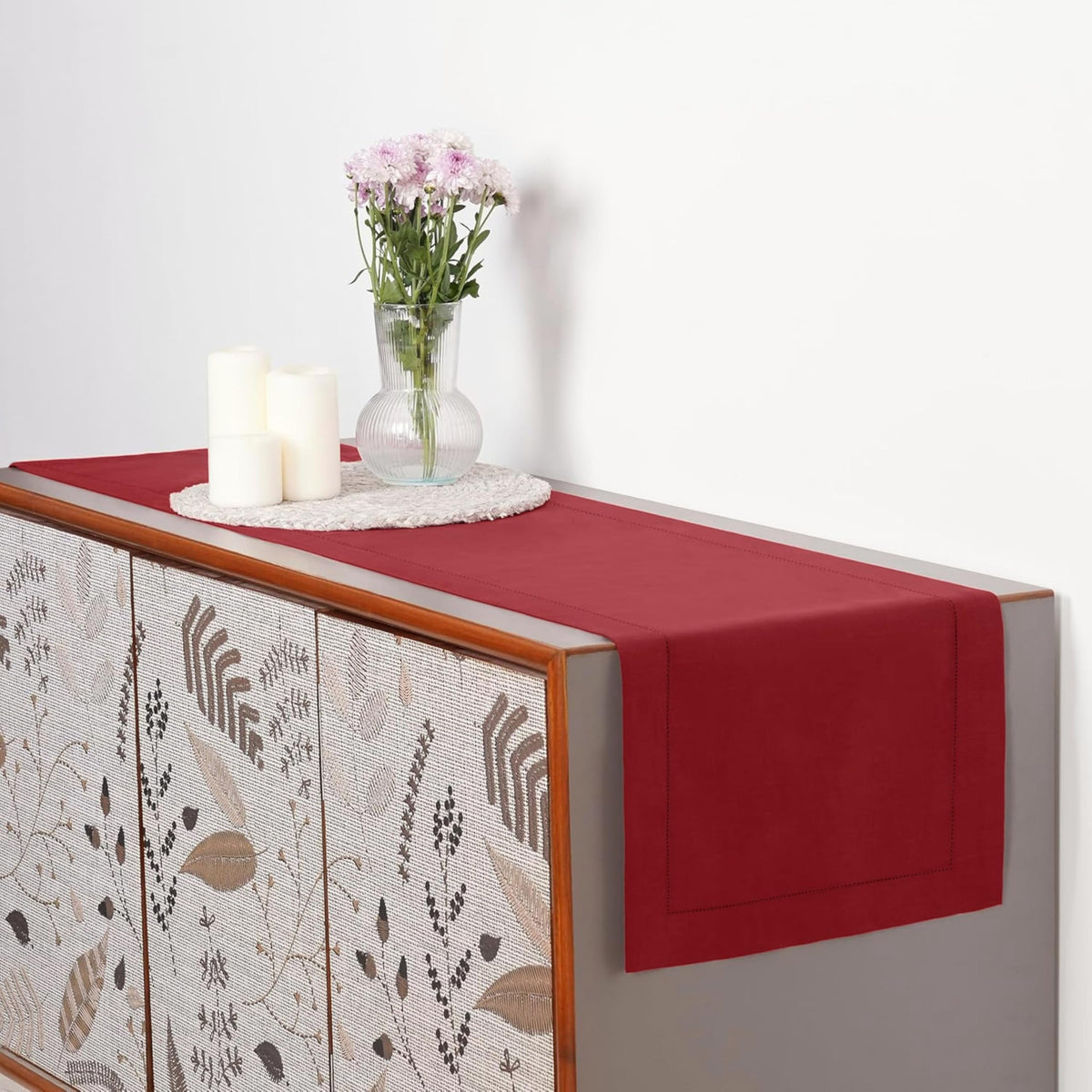 D'Moksha Homes Linen Red Table Runner 36 Inches - 100% Pure Linen Small Table Runner 14 x 36 Inch Ideal for Dresser, Coffee Tables, Fall and Halloween - Classic Hemstitch - Classic Hemstitch