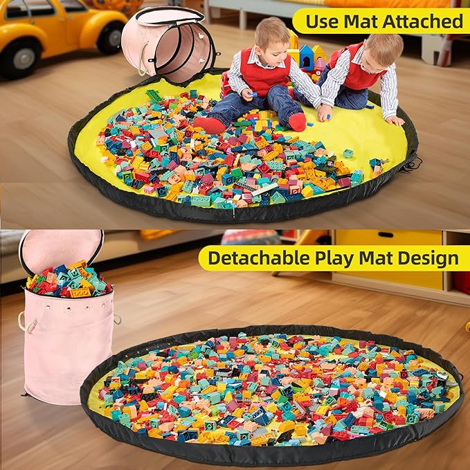 Toy Storage Basket with Slide and Large Play Mat for Boys and Girls Building Blocks Organizer, Foldable Fabric Storage Container Basket Bin Kids Toy Box with Rug for Boy Playroom Organization
