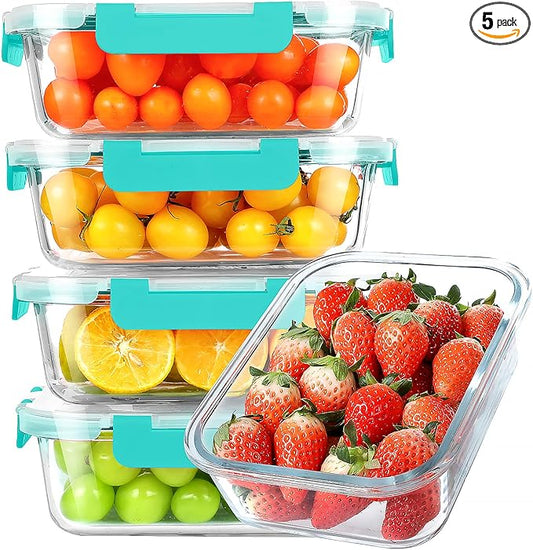 30 oz 5 Pack Glass Meal Prep Containers, Glass Storage Containers with Lids - Dishwahser, Microwave, Oven and Freezer Safe, Green
