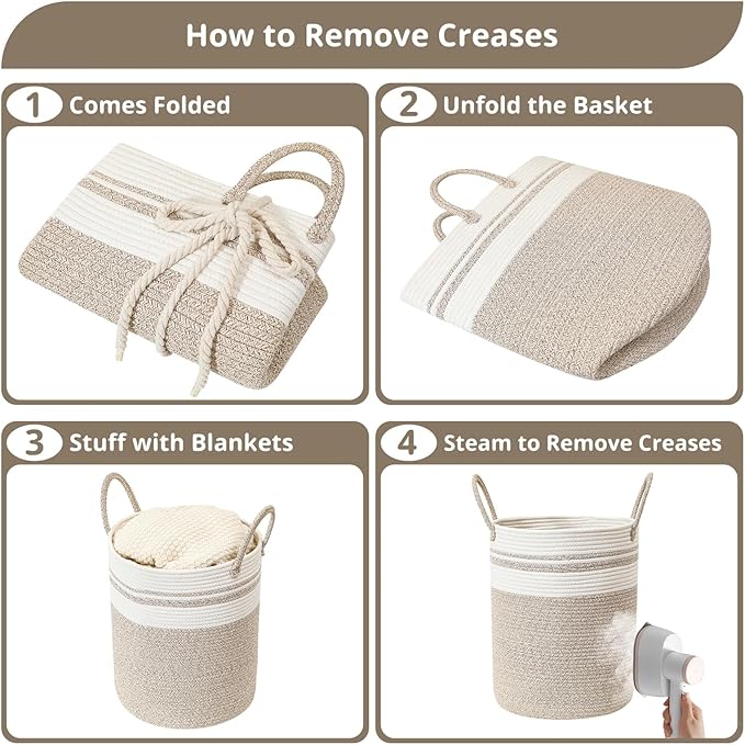 40L Woven Laundry Basket Hamper, 100% Natural Cotton Rope, Handwoven & Durable, Storage for Blankets, Toys, Clothes, Decorative Nursery Hamper for Living Room, Baby Room, Bedroom (Brown with White)