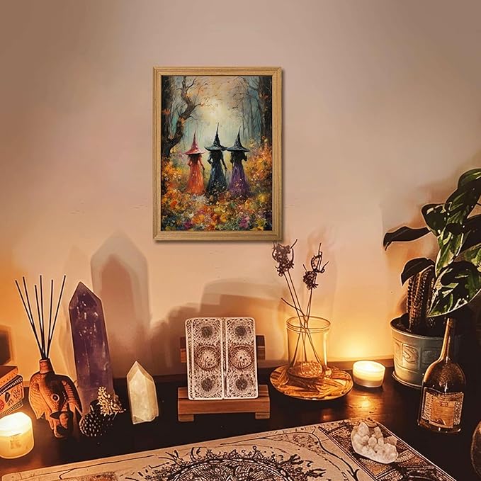 Framed Vintage Halloween Witch Wall Art – Halloween 3D Texture Witches Pictures Fall Decor for Living Room, Mysterious Forest Witchy Sandstone Aesthetic Art Prints for Bedroom Kids Room – 16x24in