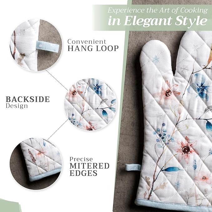 Maison d' Hermine 100% Cotton Oven Mitt & Pot Holder Set (7.5"x13" & 8"x8") Heat Resistant BBQ Cooking Gloves with Loop for Thanksgiving Christmas Decorations Handling Hot Pans (Ice Florals)