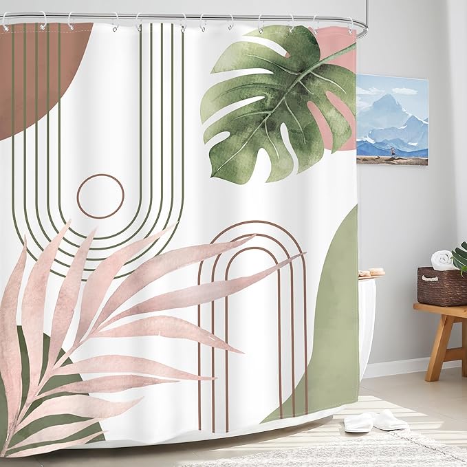 Glawry Abstract Tropical Shower Curtain Chic Boho Plant Palm Leaf Watercolor Pink Green Simple Minimalist Bathroom Modern Botanical 72Wx72L Inches Bath Accessories Art Home Decor Fabric 12 Pack Hooks