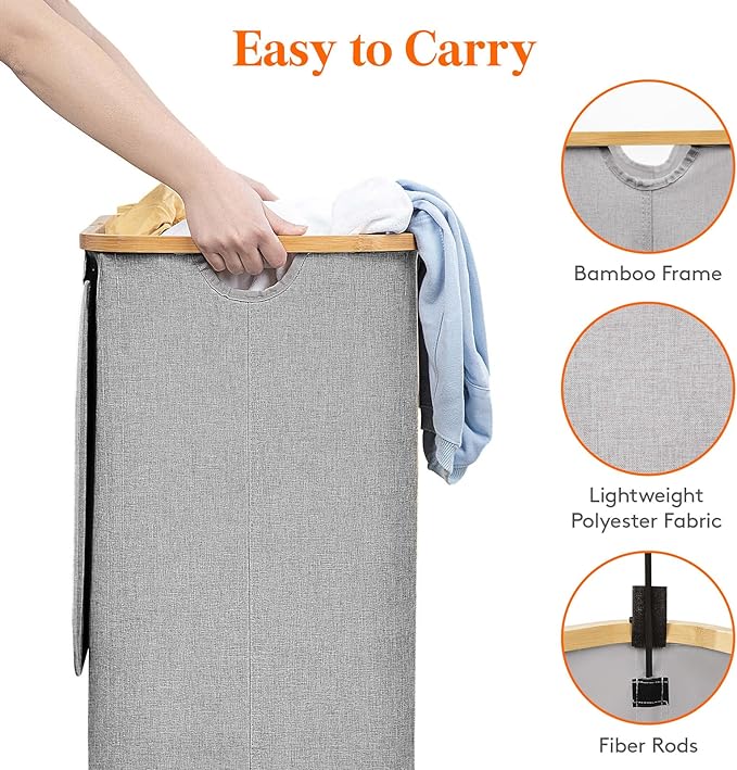 Lifewit 80L Laundry Basket with Lid, Clothes Hampers for Laundry with Bamboo Handles and A Removable Laundry Bag, Large Foldable Hamper for Bedroom, Bathroom, Dorm, Laundry Room, Light Gray