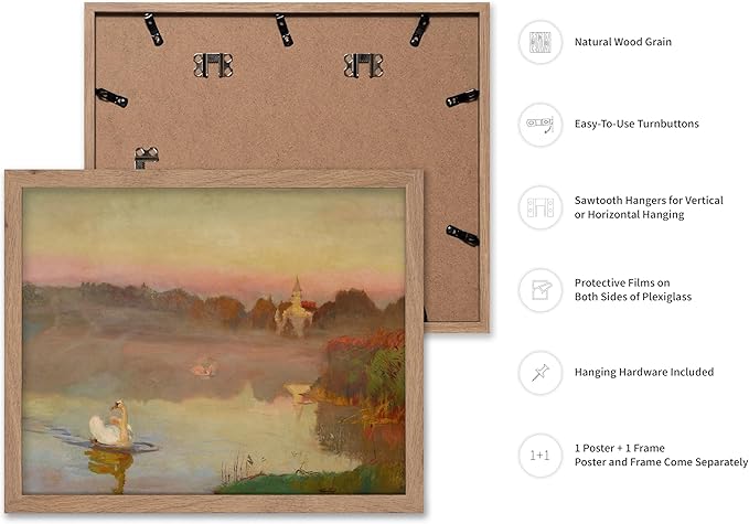 Poster Master Vintage Pond in Radziejowice Poster - Retro Swan Print - Lake Art - Landscape Art - Farmhouse Art - Animal Lover Art - Aesthetic Living Room or Office Decor, 16x20 Beige Framed