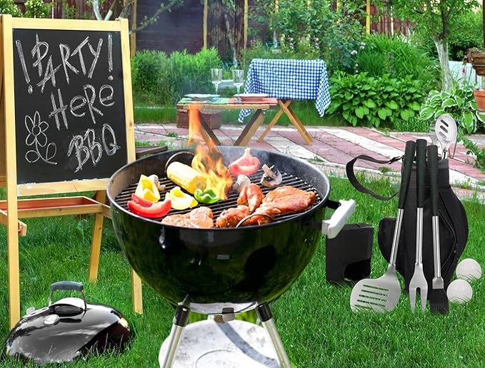 POLIGO 7PCS Golf-Club Style BBQ Grill Tools Kit with Rubber Handle Bundle with 18" Safe Grill Brush And Scraper Bristle Free for All Grills - Premium BBQ Set Ideal Christmas Birthday Gifts for Men Dad