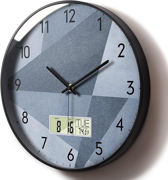 SCAOGE Industrial Wall Clock with Day Week Temperature Grayish Blue Non-Ticking Digital Clocks Large Display Battery Operated Wall Mount Analog Clock with Date for Living Room Bedroom Decor 12 Inch