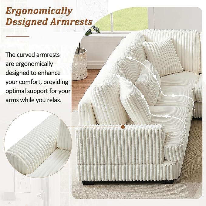 Oversized Sectional Sofa Modern U-Shaped Couch Upholstered in Soft Corduroy with a Chaise Lounge for Living Room