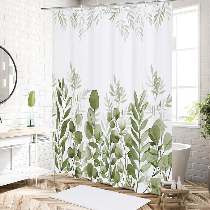 MitoVilla Sage Green Small Stall Shower Curtain 36 x 72, Plant Leaves Cloth Shower Curtain 36 inch, Modern Narrow Half Size Fabric Chic Shower Curtains for Vintage Bathroom Decor