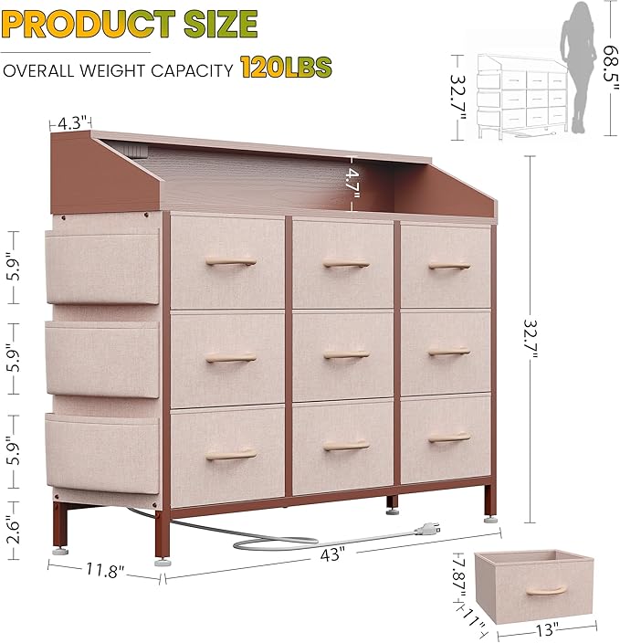 Lulive Dresser TV Stand for Bedroom with 9 Drawers - Chest of Drawers with LED Light & Charging Station - Living Room Hallway Closet Nursery (Pink)