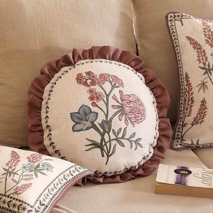 Design Linen Vintage Throw Pillow Covers Diameter 16" Pack of 2, Round Cushion Covers with Blue Pink Flowers Green Leaves Pattern Decoration Pillowcases for Bed,Living Room,Outdoor,Car