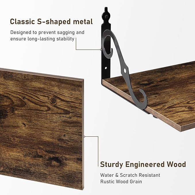 Deep Floating Shelves, 16" W x 12" D Wall Shelves Set of 2, Wide Display Shelf Wall Mounted with Brackets, Bookshelf for Living Room, Bathroom, Bedroom, Rustic Brown