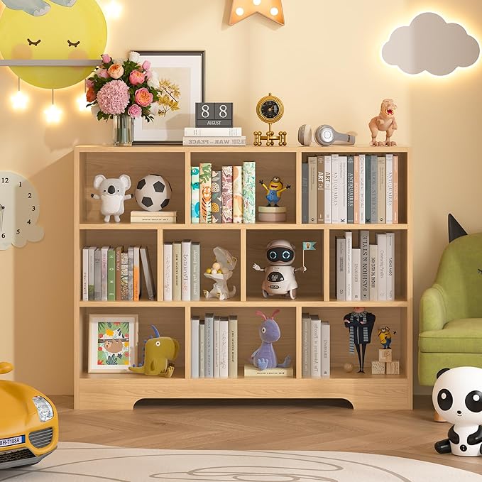 Kids Book Shelf Set of 2, 10 Cubes Storage Organizer Montessori Bookshelf, 3-Tier Wooden Kids Bookcase, Toy Storage Organizer for Children, Wooden Toddler Bookshelf Cube Shelf for Kid’s Room
