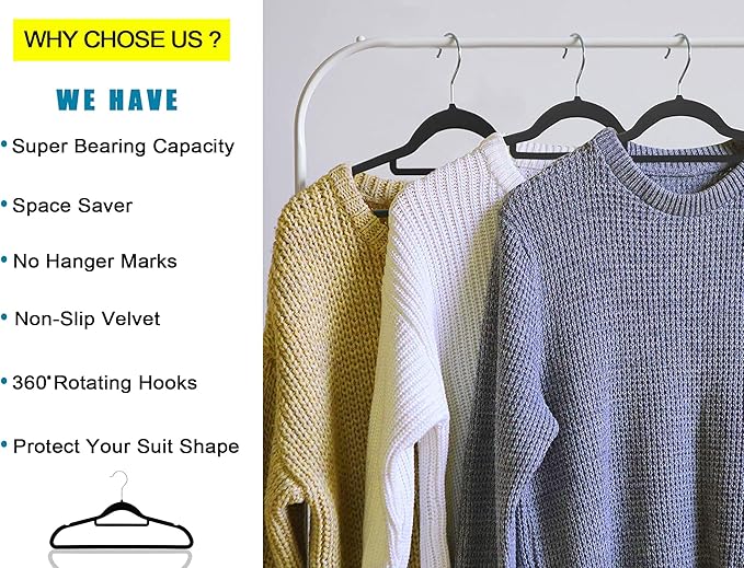 Premium Velvet Hangers, [50 Pack] Non Slip and Heavy Duty Velvet Suit Hangers (45cm) with Tie Bar, 360° Swivel Hooks, Sturdy to Hold Jumper, Pullovers, Jackets & Hoodies (50 Pack, Black)