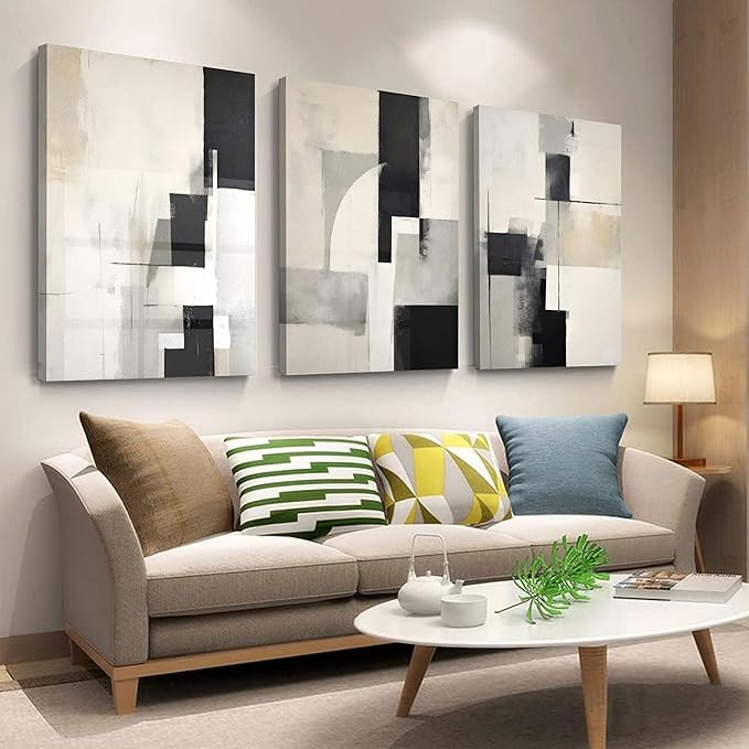 3Pcs Framed Neutral Abstract Canvas Wall Art Floral Pictures Modern Minimalist Posters Prints Beige Black Flower Wall Decoration for Living Room Bedroom Bathroom Office 12x16in