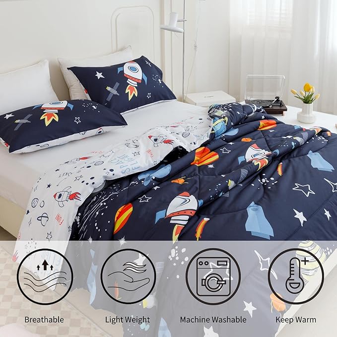 RYNGHIPY Kids Comforter Set Twin Size Cute Rocket Bedding Set for Boys Girls Space Themed Teen Boy Bedding (Space Rocket,Twin)