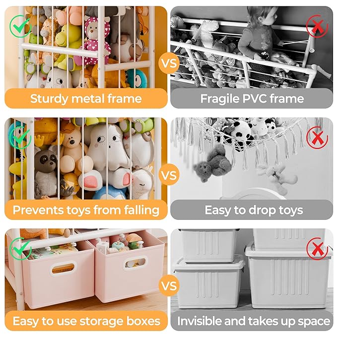 GRANNY SAYS Stuffed Animal Storage Tube with 2 Toy Bins, Plushies Storage, Toy Organizer Holder with Elastic Band and Hooks, Metal Stuff Animal Storage, Kids Toy Storage Organizer for Bedroom Playroom