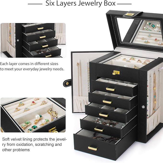 AKOZLIN Jewelry Box Organizer Functional Leather Jewelry Storage Case for Women Girls Ring Necklace Earring Bracelet Holder Organizer with Mirror Black
