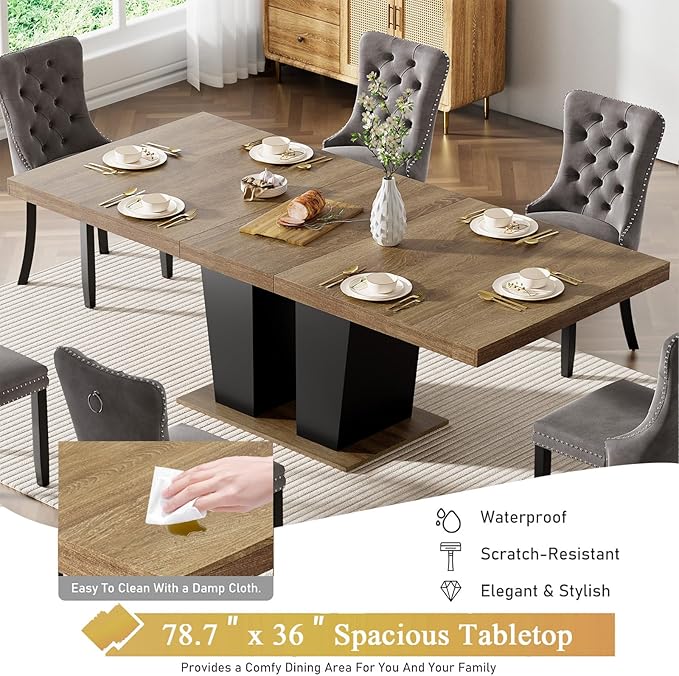 Goujxcy 7-Piece Extendable Dining Table Set for 6-8 People 63-78 Inch Kitchen Table Set with 6 Velvet Upholstered Chairs Farmhouse Rectangular Dining Room Table Set for Kitchen Dining Room Apartment