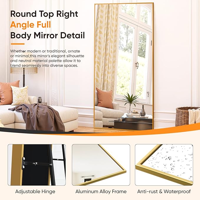 Suidia Full Length Mirror, 76"x34" Floor Standing Mirror Freestanding, Full Body Mirrors with Stand for Bedroom, Hanging Mounted for Living Room Cloakroom, Gold, Rectangular Style