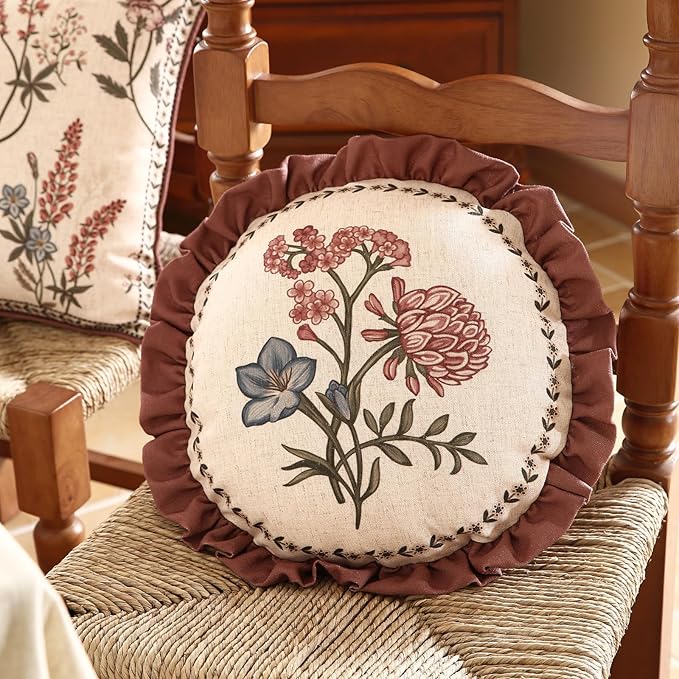 Design Linen Vintage Throw Pillow Covers Diameter 16" Pack of 2, Round Cushion Covers with Blue Pink Flowers Green Leaves Pattern Decoration Pillowcases for Bed,Living Room,Outdoor,Car