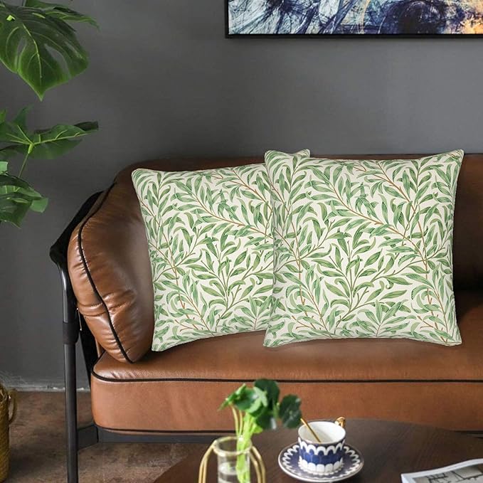 Rustic Vintage Floral Green Leaf Throw Pillow Covers 18x18 Inch Set of 2 William Morris Plants Farmhouse Decor Pillow Case Euro French Country Cushion Cover of Sofa Living Room Bedroom