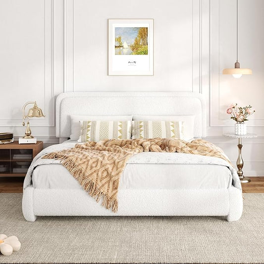 King Size Bed Frame with Headboard Adjustable, Boucle Upholstered Platform King Bed Frame, Anti-Collision Soft Rounded Corners, No Box Spring Needed, Noise-Free, Easy Assembly, White
