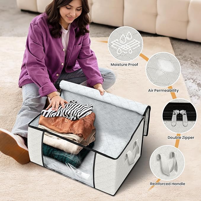 Fab totes 6 Pack Clothes Storage, Foldable Thick Fabric Blanket Storage Bags, Containers for Organizing Bedroom, Closet, Clothing, Comforter,Organization with Handle,Ivory White
