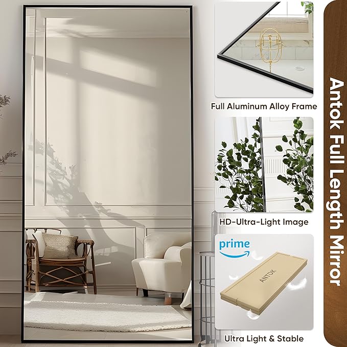 Antok Full Length Mirror, 76"x34" Floor Mirror with Stand, Hanging Mounted Mirrors for Bedroom, Living Room, Cloakroom, Dining Room, Black, Rect