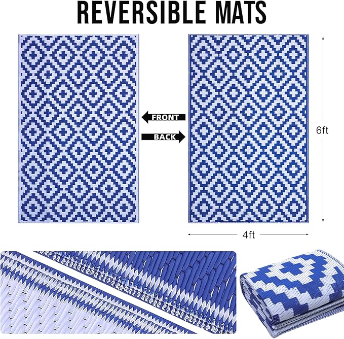 OLANLY Waterproof Outdoor Rug 4x6 ft, Outdoor Plastic Straw Rug for Camping, RV Mat Outside, Outdoor Carpet for Porch, Deck, Backyard, Balcony, Picnic, Blue & White