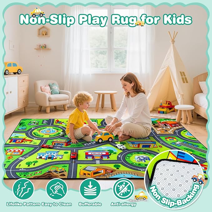 Road Car Rug, 5x7 Ft City Road Rug for Kids, Extra Thick (0.4in) Kids Floor Play Mat and Car Carpet with Realistic Colors - Perfect for Children, Soft and Non-Slip for Playroom and Bedroom