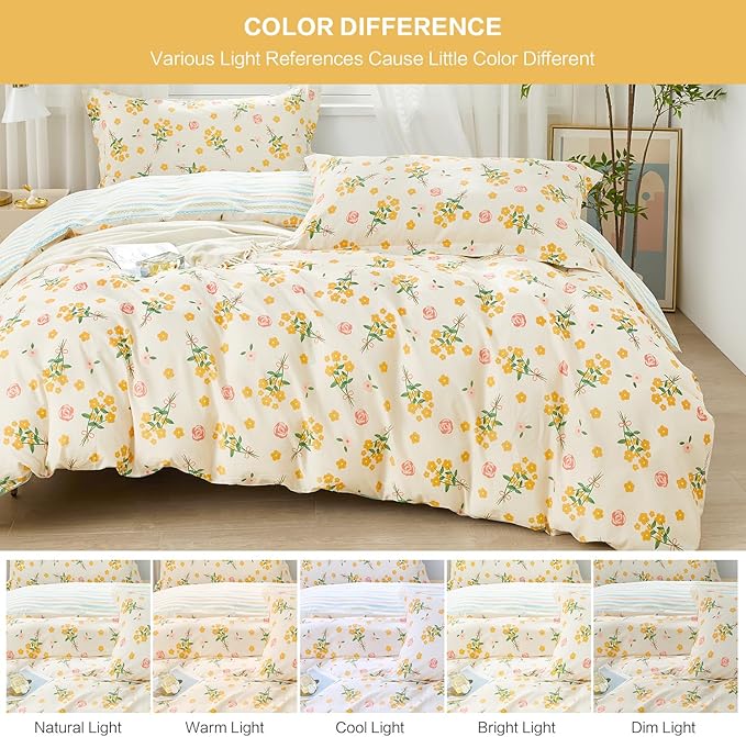 SAPHREAS Yellow Floral Duvet Cover Set King Size 3pcs Garden Style Botanical Blossom Bedding Comforter Cover Set 100% Cotton 1 Duvet Cover 104"x90" 2 Pillow Shams, Comforter Not Included