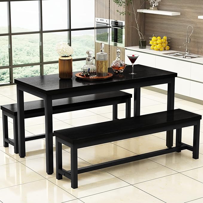 AWQM Dining Table Set for 4, Kitchen Dining Table with 2 Benches, Dining Room Table Set with Metal Frame & Thickened Board for Kitchen, Restaurant, Black, 43'' Breakfast Table Set (A006-11H2-L)