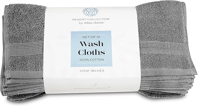 White Classic Resort Collection Soft Washcloth Face & Body Towel Set | 12x12 Luxury Hotel Plush & Absorbent Cotton Wash Clothes [12 Pack, Smoke Grey]