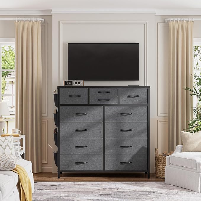 EnHomee Dresser for Bedroom with 12 Drawers, Tall Dressers & Chest of Drawers with Side Pockets, Fabric Dresser for Bedroom, Closet, Hallway, Living Room, Sturdy Metal Frame, Wood Top, Grey