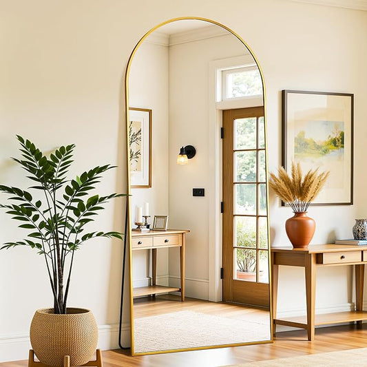 Full Length Mirror, 71"x32" Oversized Floor Mirror Freestanding, Full Body Mirror Floor Standing Mirrors with Stand, Hanging Mounted Mirrors for Bedroom Living Room, Gold, Arched Style